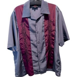 Mens D Clothing shirt, Club, Biker, bowling, size Large, grey w/burgundy stripes